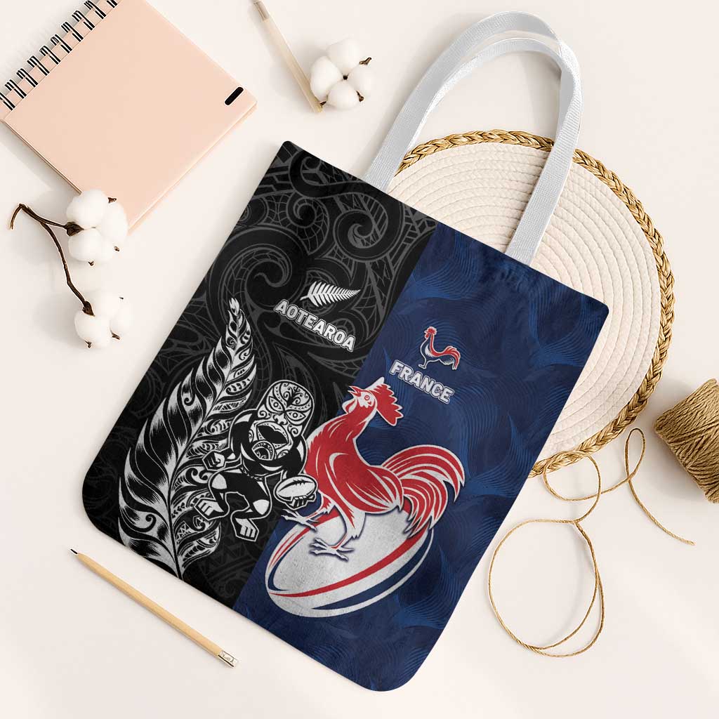 France And New Zealand Rugby Tote Bag Les Bleus Rooster With Maori Tiki - Wonder Print Shop