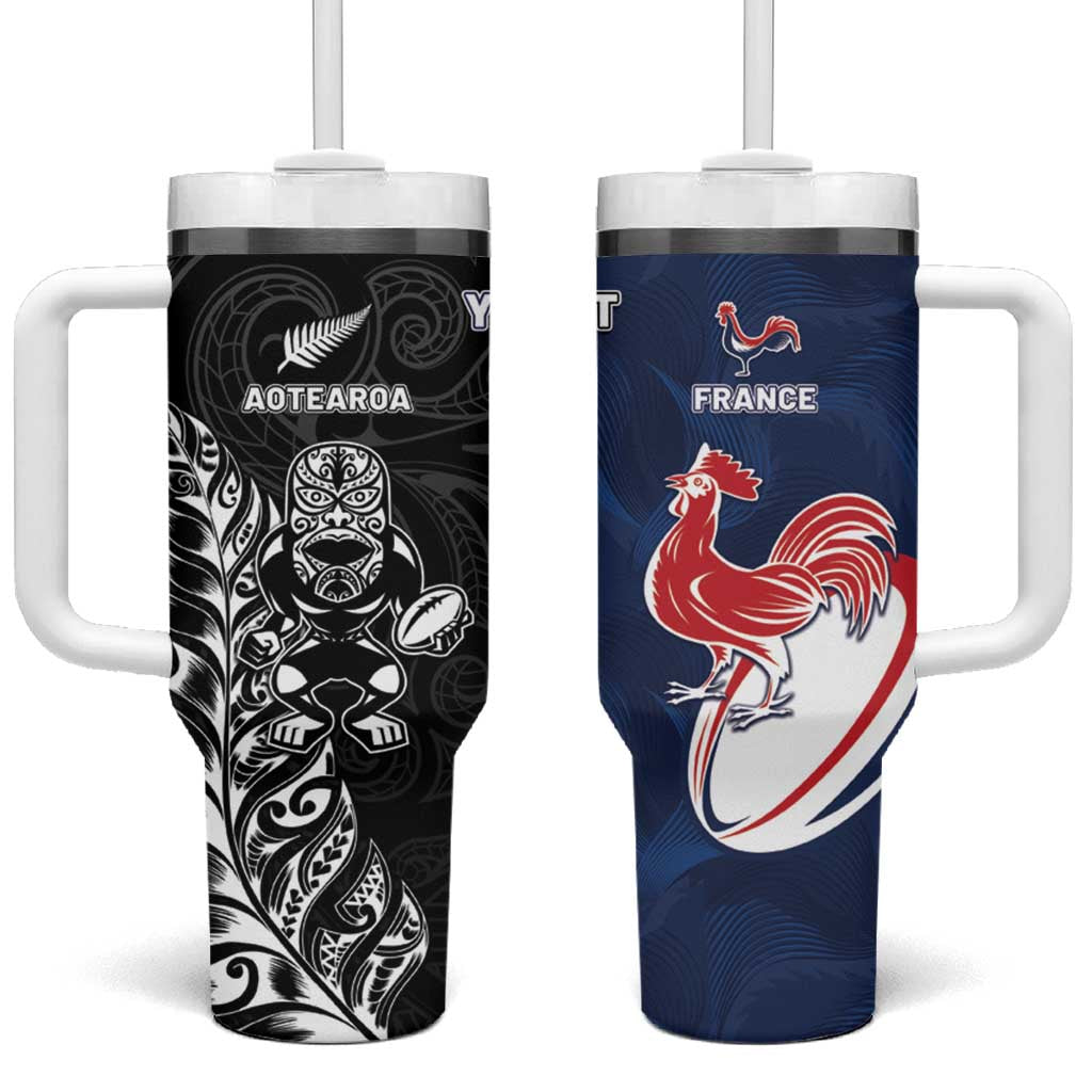 France And New Zealand Rugby Custom Tumbler With Handle Les Bleus Rooster With Maori Tiki - Wonder Print Shop