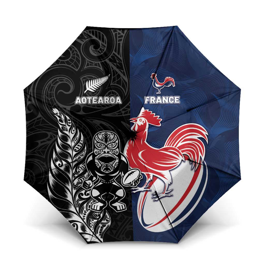 France And New Zealand Rugby Umbrella Les Bleus Rooster With Maori Tiki - Wonder Print Shop