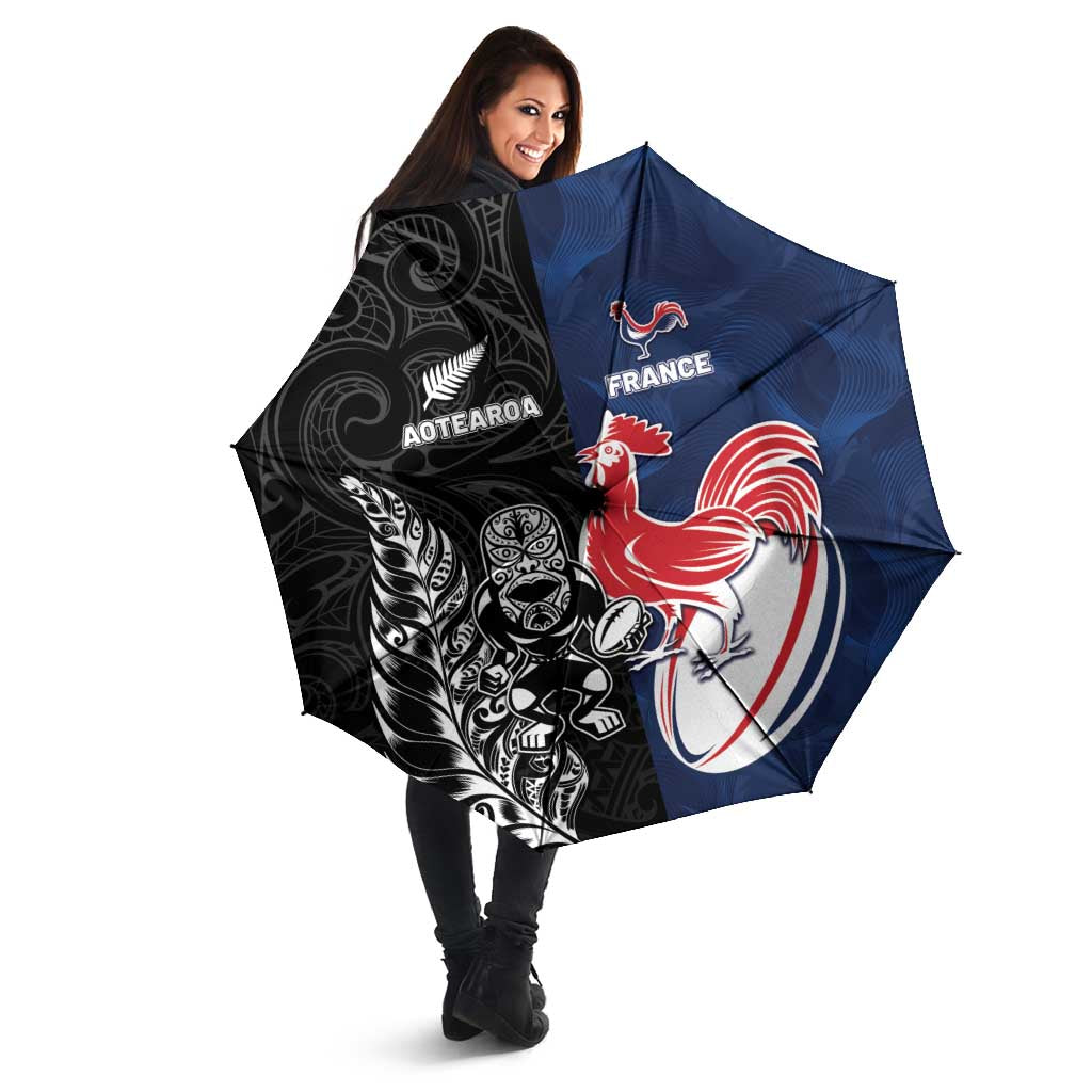 France And New Zealand Rugby Umbrella Les Bleus Rooster With Maori Tiki - Wonder Print Shop