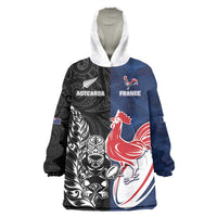 France And New Zealand Rugby Custom Wearable Blanket Hoodie Les Bleus Rooster With Maori Tiki - Wonder Print Shop