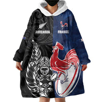 France And New Zealand Rugby Custom Wearable Blanket Hoodie Les Bleus Rooster With Maori Tiki - Wonder Print Shop
