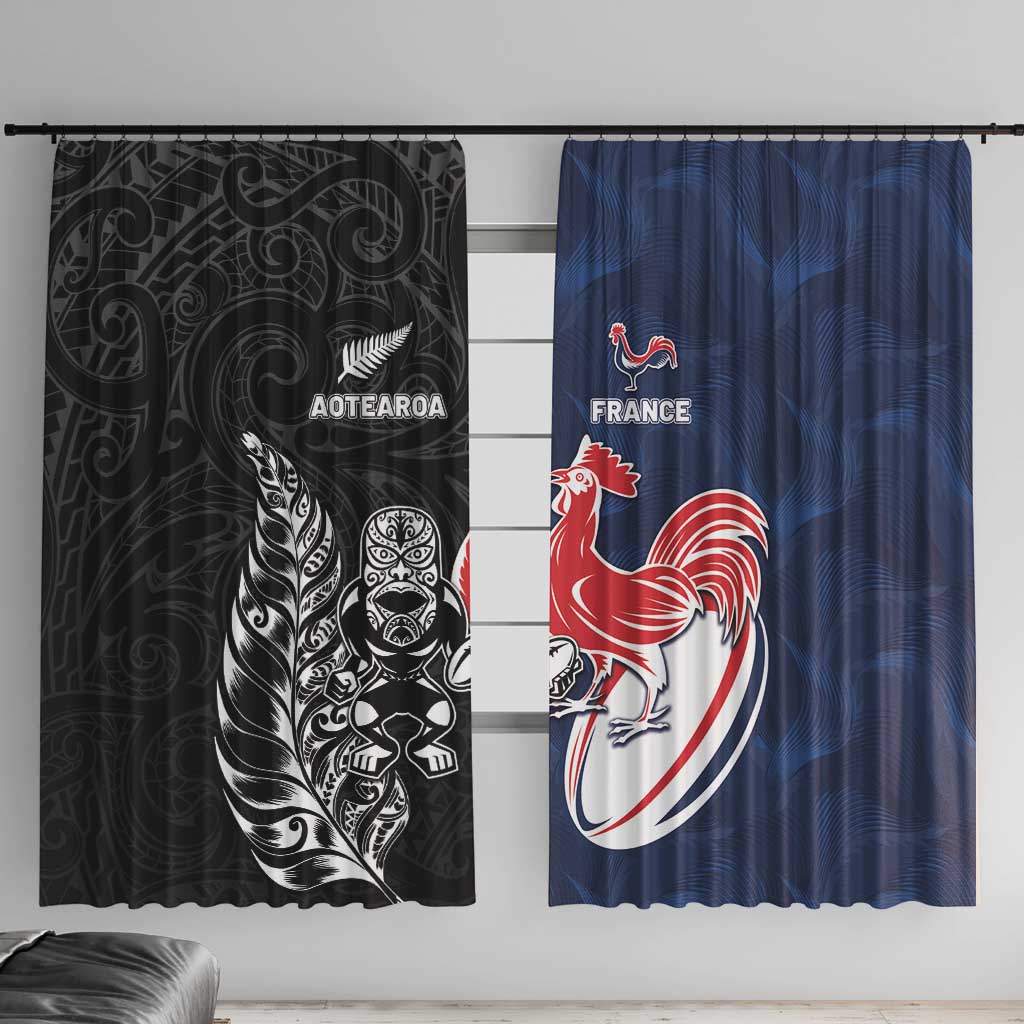 France And New Zealand Rugby Window Curtain Les Bleus Rooster With Maori Tiki - Wonder Print Shop