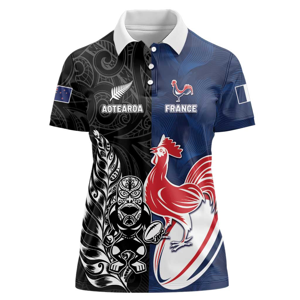 France And New Zealand Rugby Custom Women Polo Shirt Les Bleus Rooster With Maori Tiki - Wonder Print Shop