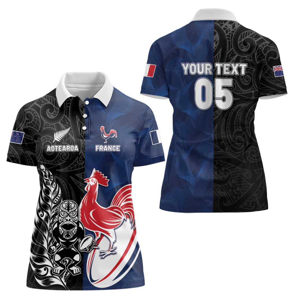 France And New Zealand Rugby Custom Women Polo Shirt Les Bleus Rooster With Maori Tiki - Wonder Print Shop