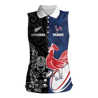France And New Zealand Rugby Custom Women Sleeveless Polo Shirt Les Bleus Rooster With Maori Tiki - Wonder Print Shop