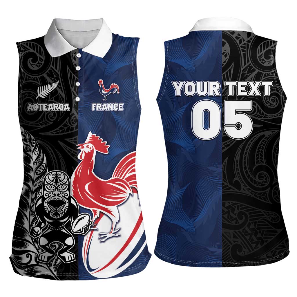 France And New Zealand Rugby Custom Women Sleeveless Polo Shirt Les Bleus Rooster With Maori Tiki - Wonder Print Shop
