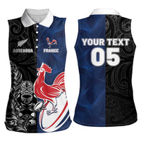 France And New Zealand Rugby Custom Women Sleeveless Polo Shirt Les Bleus Rooster With Maori Tiki - Wonder Print Shop