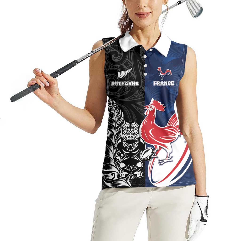 France And New Zealand Rugby Custom Women Sleeveless Polo Shirt Les Bleus Rooster With Maori Tiki - Wonder Print Shop