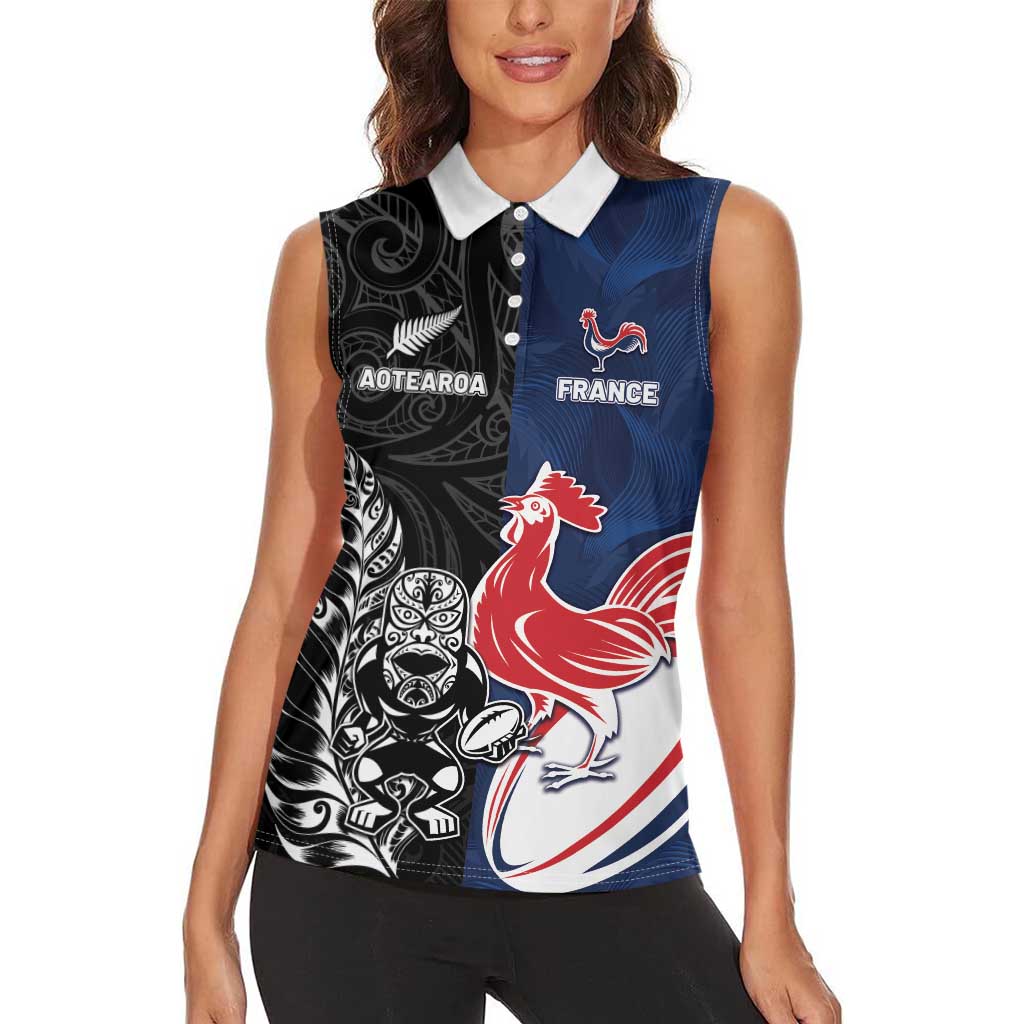 France And New Zealand Rugby Custom Women Sleeveless Polo Shirt Les Bleus Rooster With Maori Tiki - Wonder Print Shop
