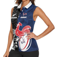 France And New Zealand Rugby Custom Women Sleeveless Polo Shirt Les Bleus Rooster With Maori Tiki - Wonder Print Shop