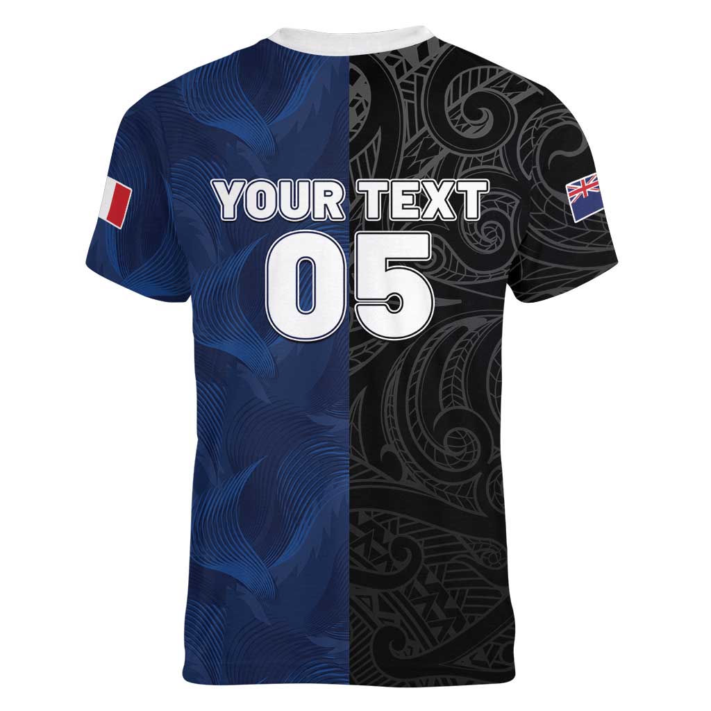 France And New Zealand Rugby Custom Women V-Neck T-Shirt Les Bleus Rooster With Maori Tiki - Wonder Print Shop