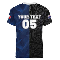 France And New Zealand Rugby Custom Women V-Neck T-Shirt Les Bleus Rooster With Maori Tiki - Wonder Print Shop