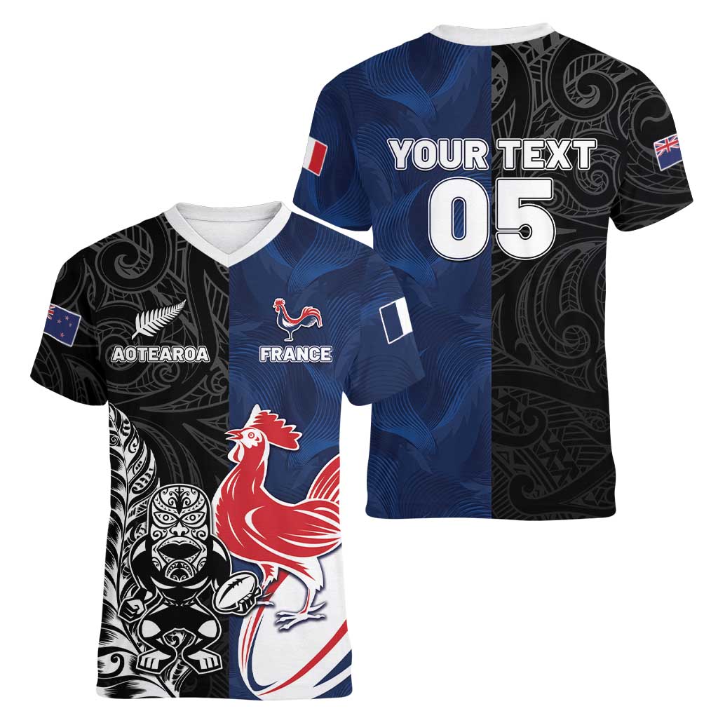 France And New Zealand Rugby Custom Women V-Neck T-Shirt Les Bleus Rooster With Maori Tiki - Wonder Print Shop
