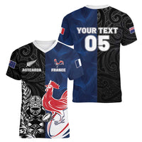 France And New Zealand Rugby Custom Women V-Neck T-Shirt Les Bleus Rooster With Maori Tiki - Wonder Print Shop