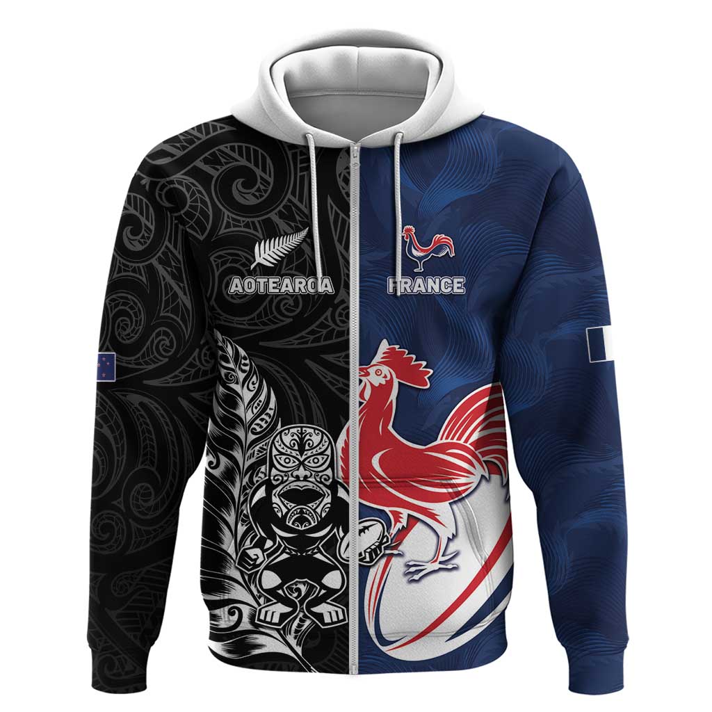 France And New Zealand Rugby Custom Zip Hoodie Les Bleus Rooster With Maori Tiki - Wonder Print Shop