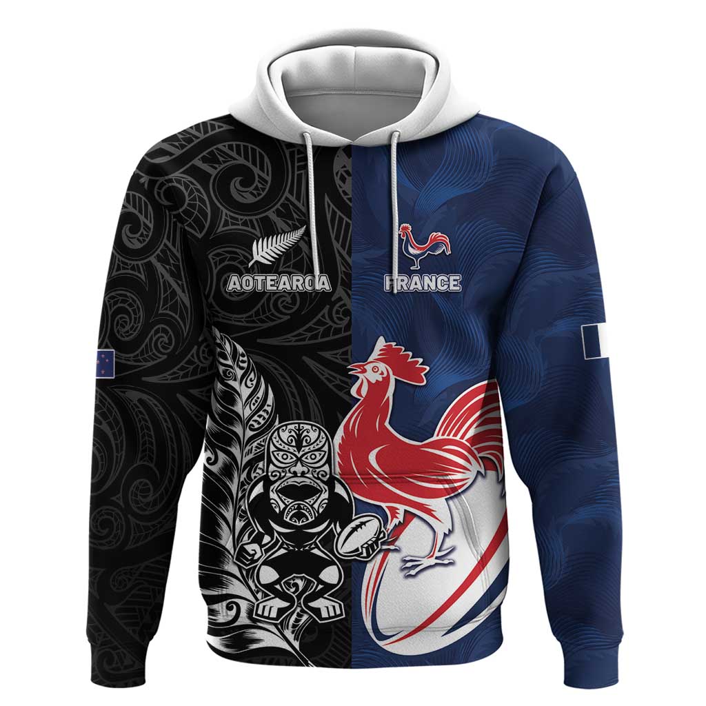 France And New Zealand Rugby Custom Zip Hoodie Les Bleus Rooster With Maori Tiki - Wonder Print Shop