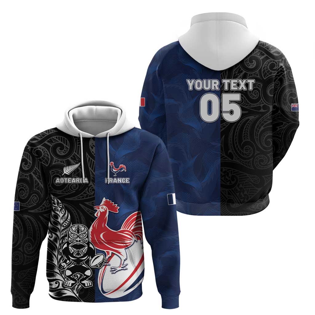 France And New Zealand Rugby Custom Zip Hoodie Les Bleus Rooster With Maori Tiki - Wonder Print Shop