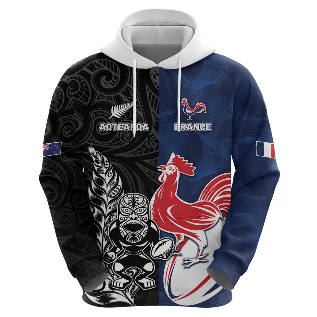France And New Zealand Rugby Custom Zip Hoodie Les Bleus Rooster With Maori Tiki - Wonder Print Shop