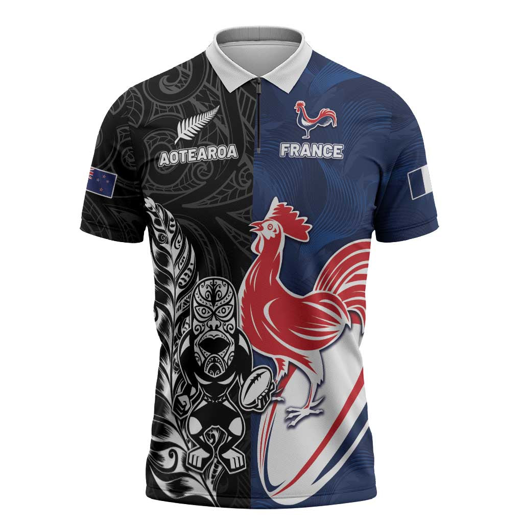 France And New Zealand Rugby Custom Zipper Polo Shirt Les Bleus Rooster With Maori Tiki - Wonder Print Shop