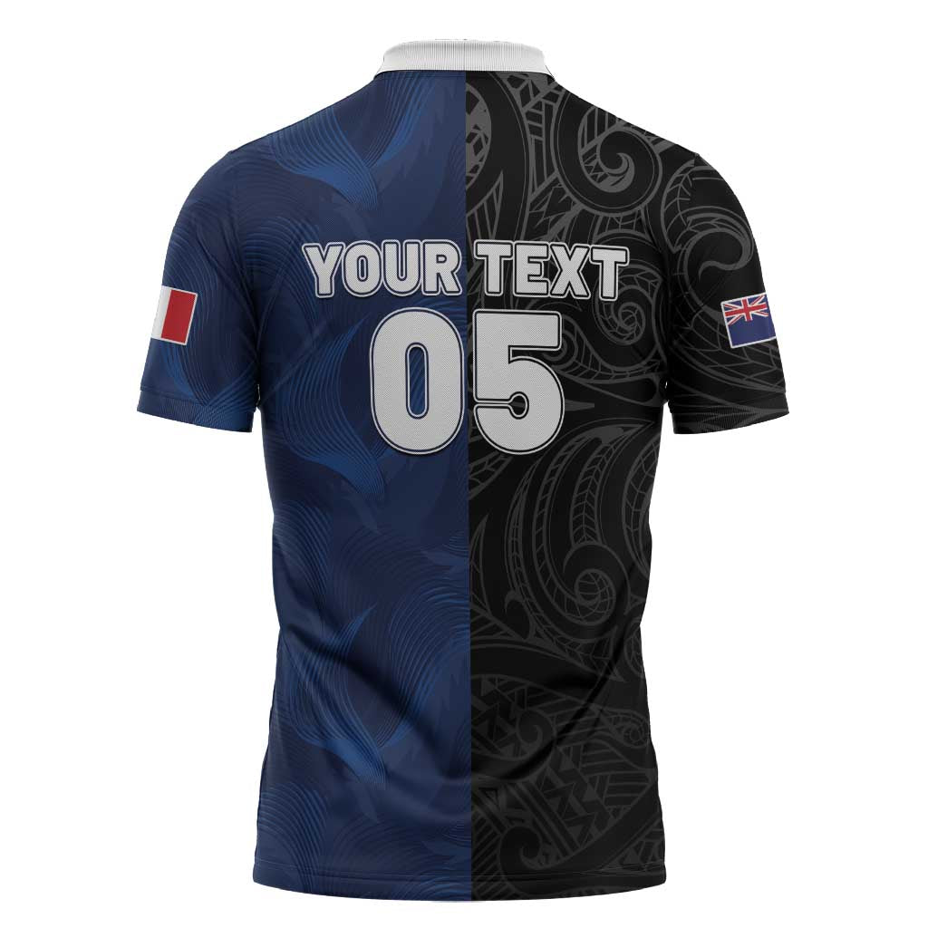 France And New Zealand Rugby Custom Zipper Polo Shirt Les Bleus Rooster With Maori Tiki - Wonder Print Shop