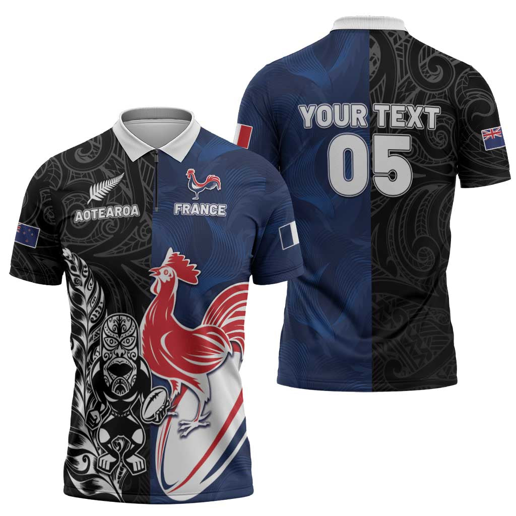 France And New Zealand Rugby Custom Zipper Polo Shirt Les Bleus Rooster With Maori Tiki - Wonder Print Shop