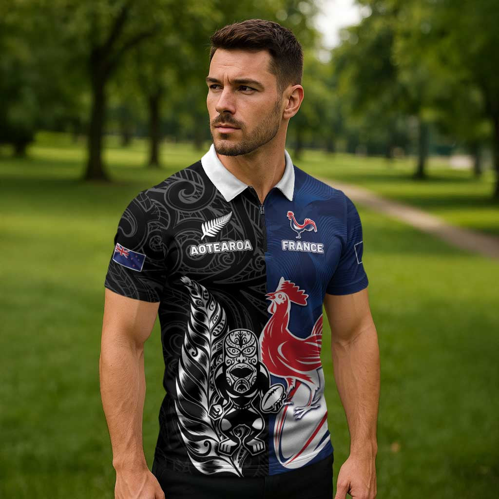 France And New Zealand Rugby Custom Zipper Polo Shirt Les Bleus Rooster With Maori Tiki - Wonder Print Shop