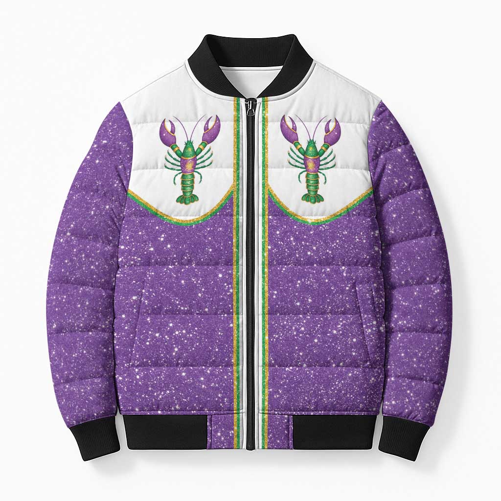 Mardi Gras Crawfish Bomber Puffer Jacket Western Yoke Glitter Style