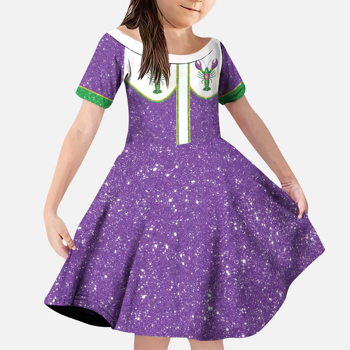 Mardi Gras Crawfish Kid Short Sleeve Dress Western Yoke Glitter Style