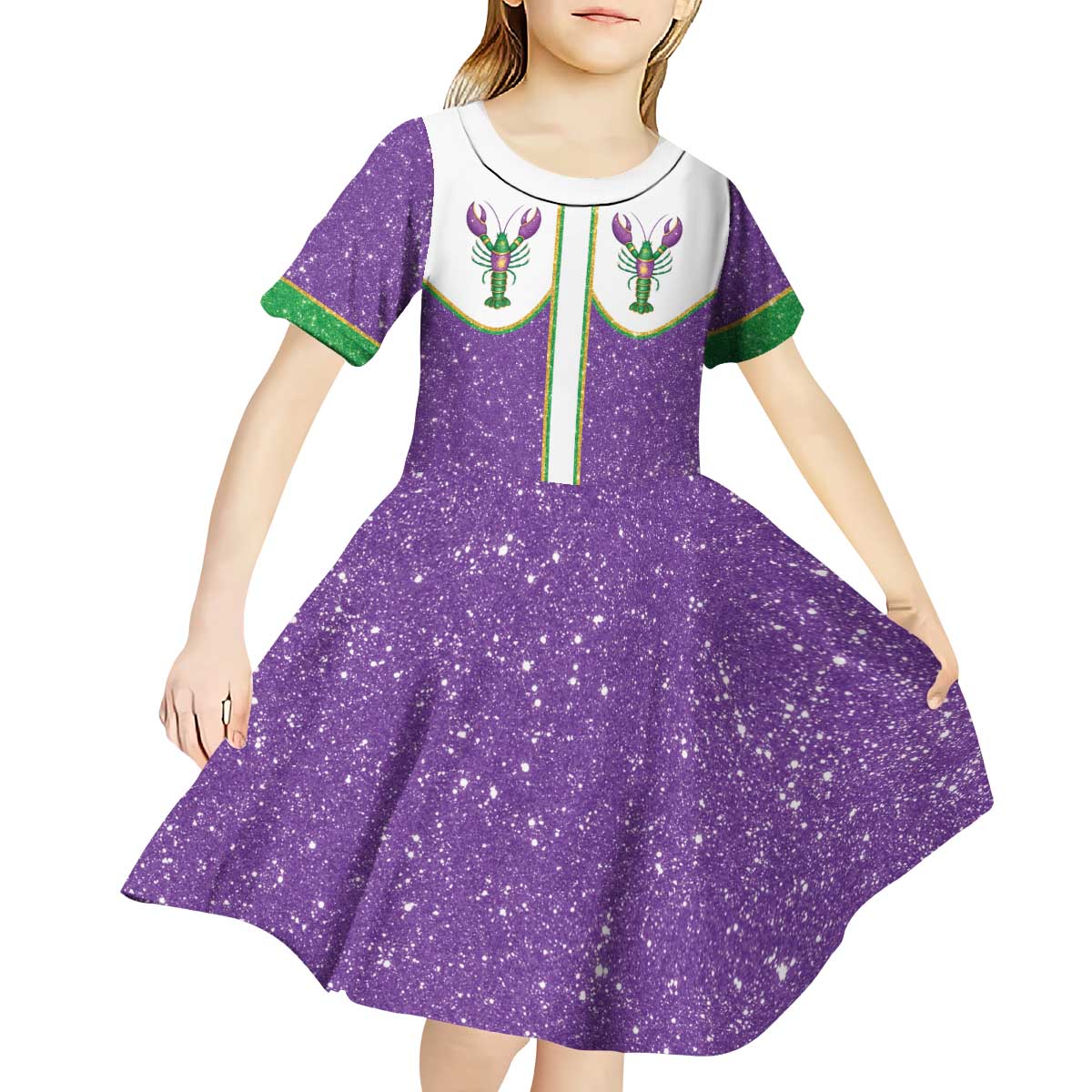 Mardi Gras Crawfish Kid Short Sleeve Dress Western Yoke Glitter Style