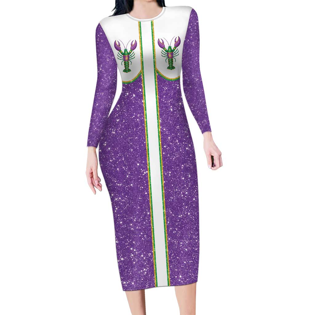 Mardi Gras Crawfish Long Sleeve Bodycon Dress Western Yoke Glitter Style