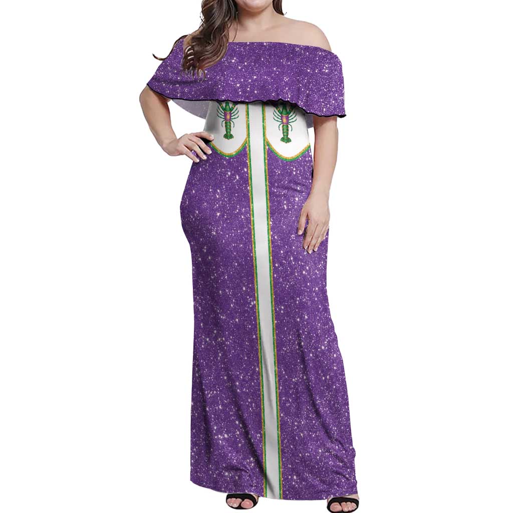 Mardi Gras Crawfish Off Shoulder Maxi Dress Western Yoke Glitter Style