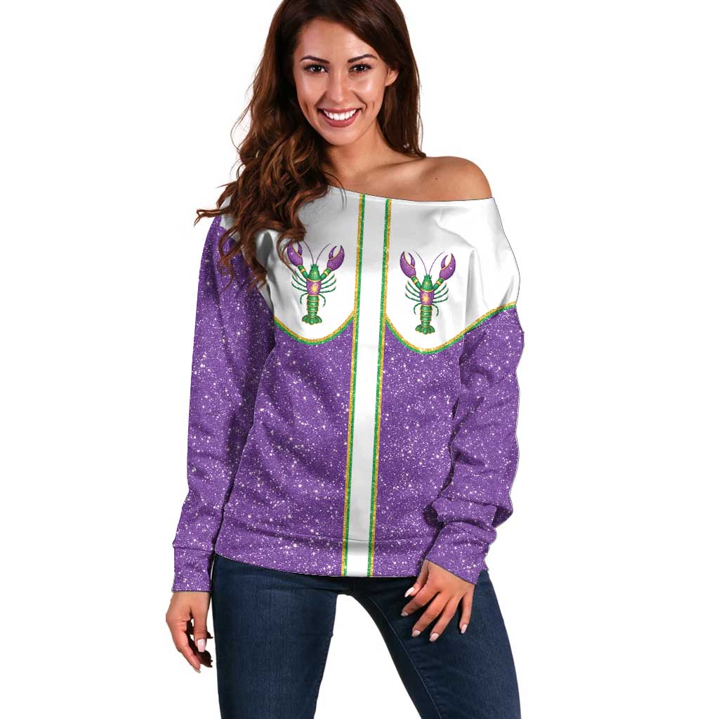 Mardi Gras Crawfish Off Shoulder Sweater Western Yoke Glitter Style