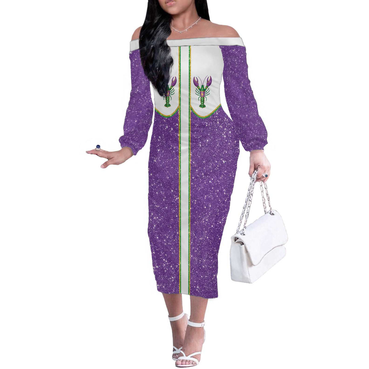 Mardi Gras Crawfish Off The Shoulder Long Sleeve Dress Western Yoke Glitter Style