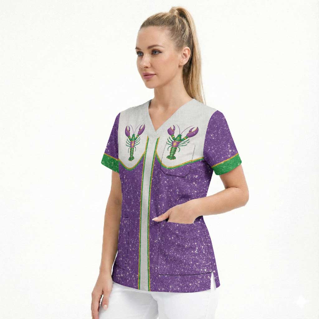 Mardi Gras Crawfish Scrub Top Western Yoke Glitter Style