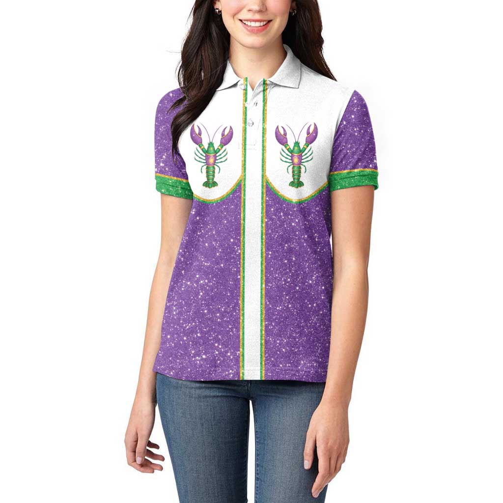 Mardi Gras Crawfish Women Polo Shirt Western Yoke Glitter Style