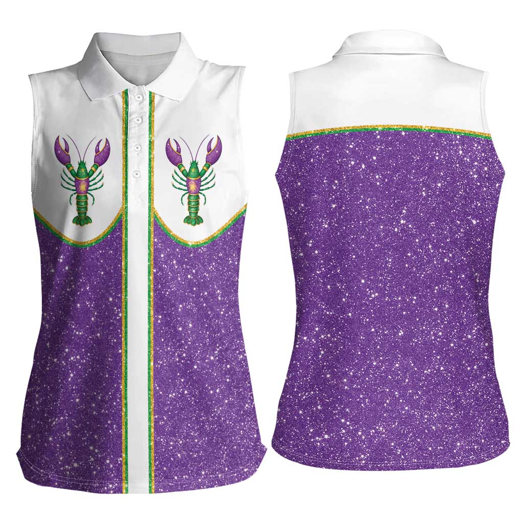 Mardi Gras Crawfish Women Sleeveless Polo Shirt Western Yoke Glitter Style