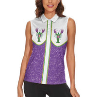 Mardi Gras Crawfish Women Sleeveless Polo Shirt Western Yoke Glitter Style