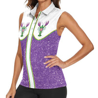 Mardi Gras Crawfish Women Sleeveless Polo Shirt Western Yoke Glitter Style