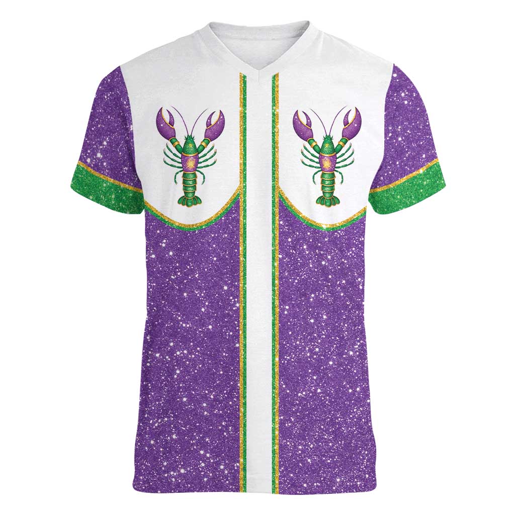 Mardi Gras Crawfish Women V-Neck T-Shirt Western Yoke Glitter Style