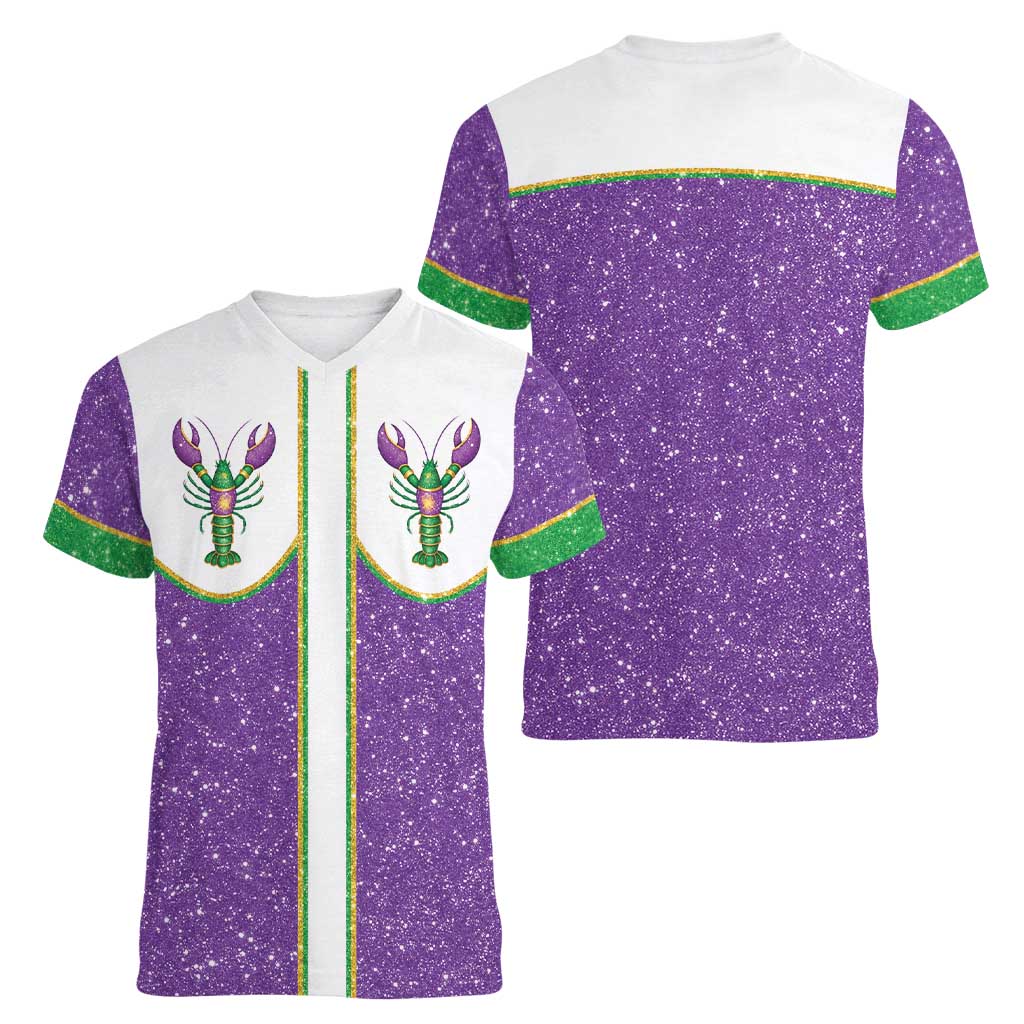 Mardi Gras Crawfish Women V-Neck T-Shirt Western Yoke Glitter Style