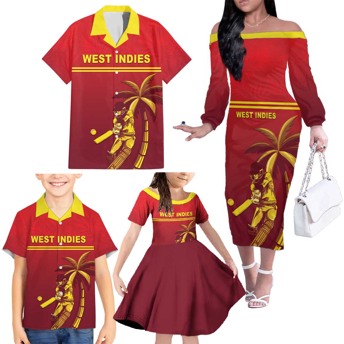 Custom West Indies Cricket Family Matching Off The Shoulder Long Sleeve Dress and Hawaiian Shirt Vintage Style