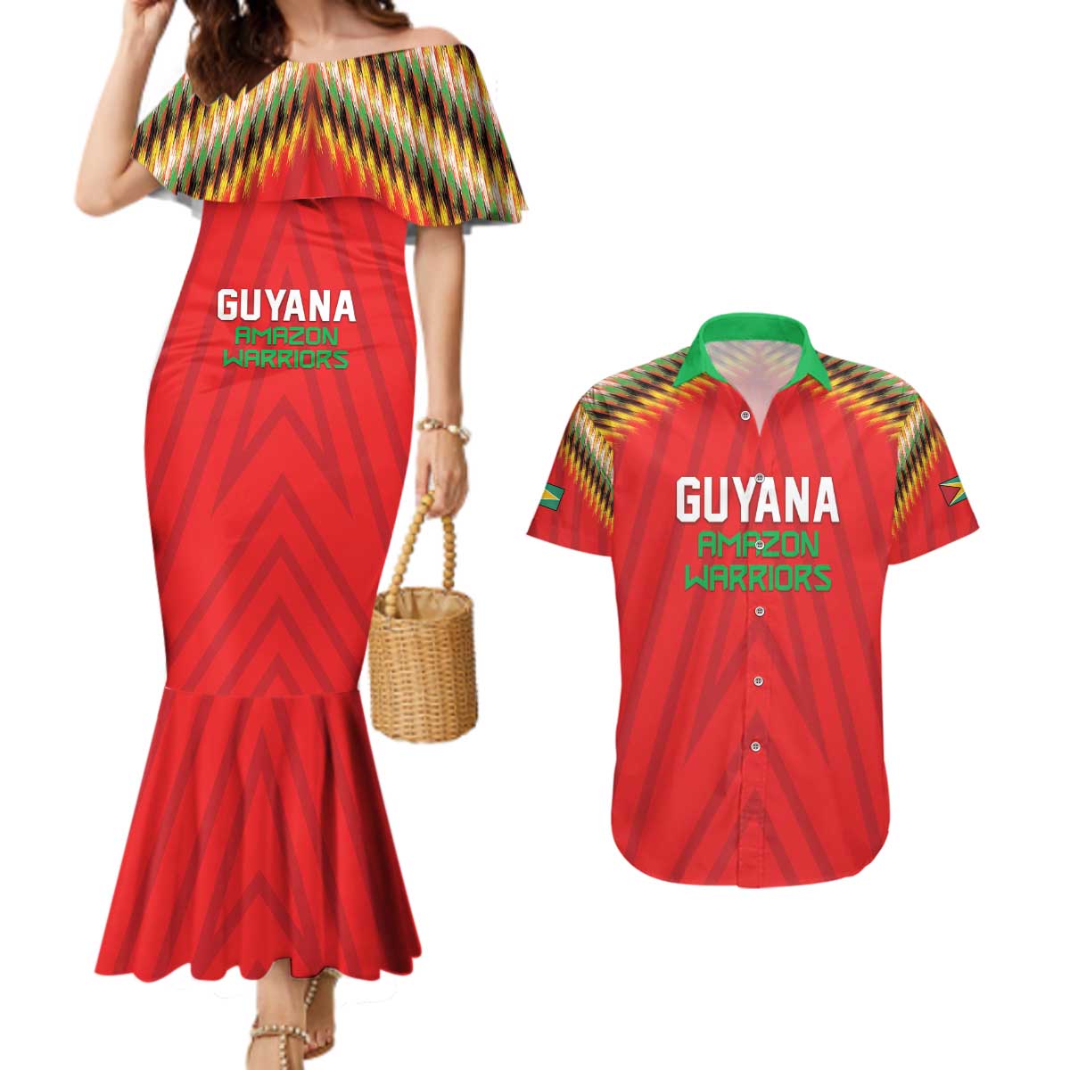 Custom Guyana Cricket Couples Matching Mermaid Dress and Hawaiian Shirt Go Amazon Warriors