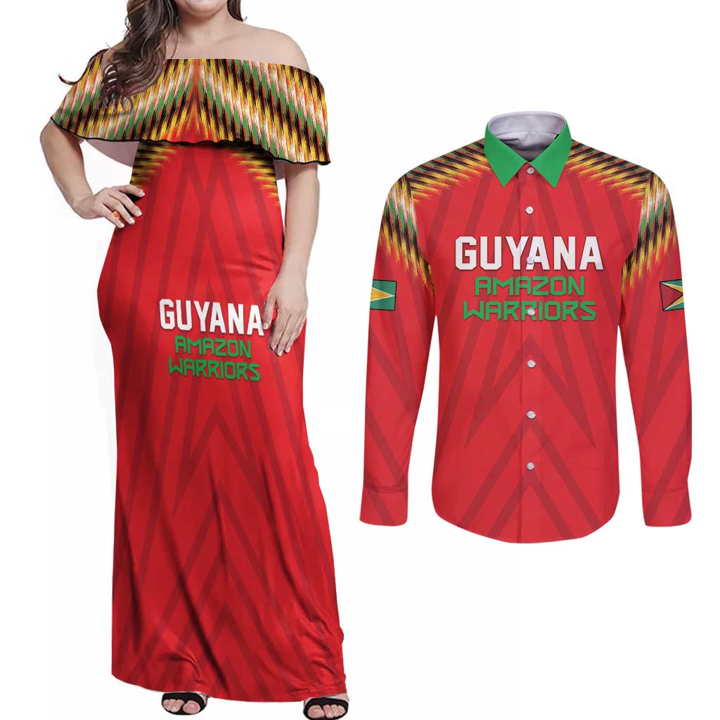 Custom Guyana Cricket Couples Matching Off Shoulder Maxi Dress and Long Sleeve Button Shirt Go Amazon Warriors