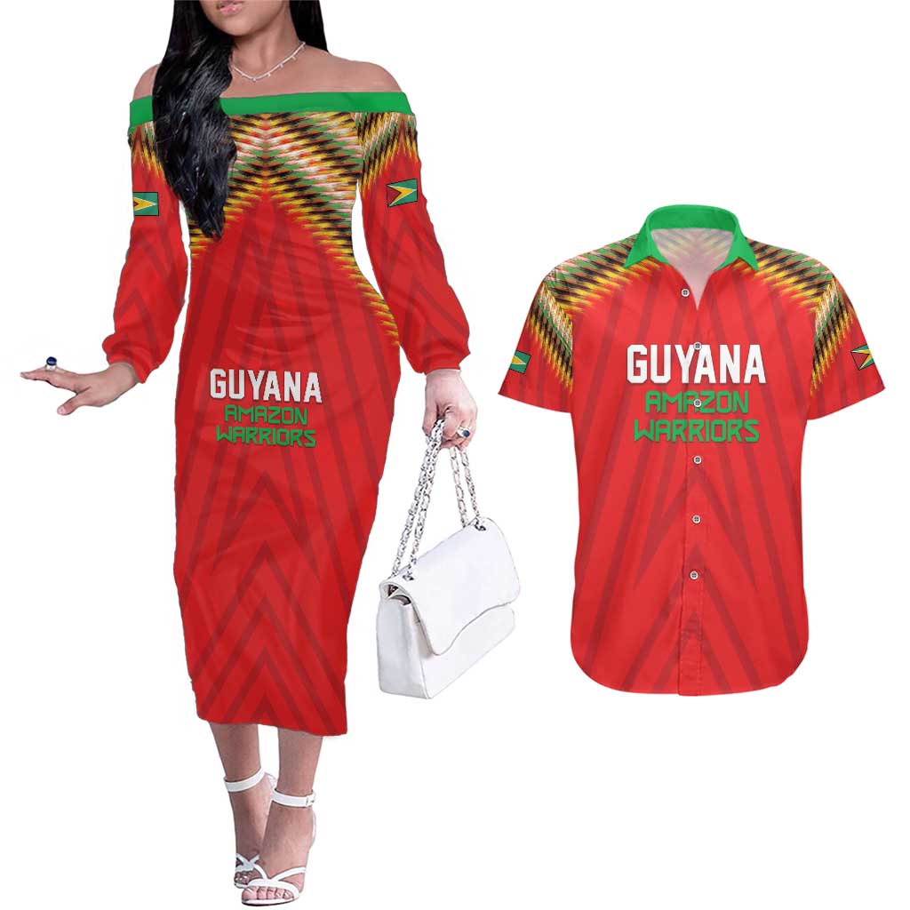 Custom Guyana Cricket Couples Matching Off The Shoulder Long Sleeve Dress and Hawaiian Shirt Go Amazon Warriors