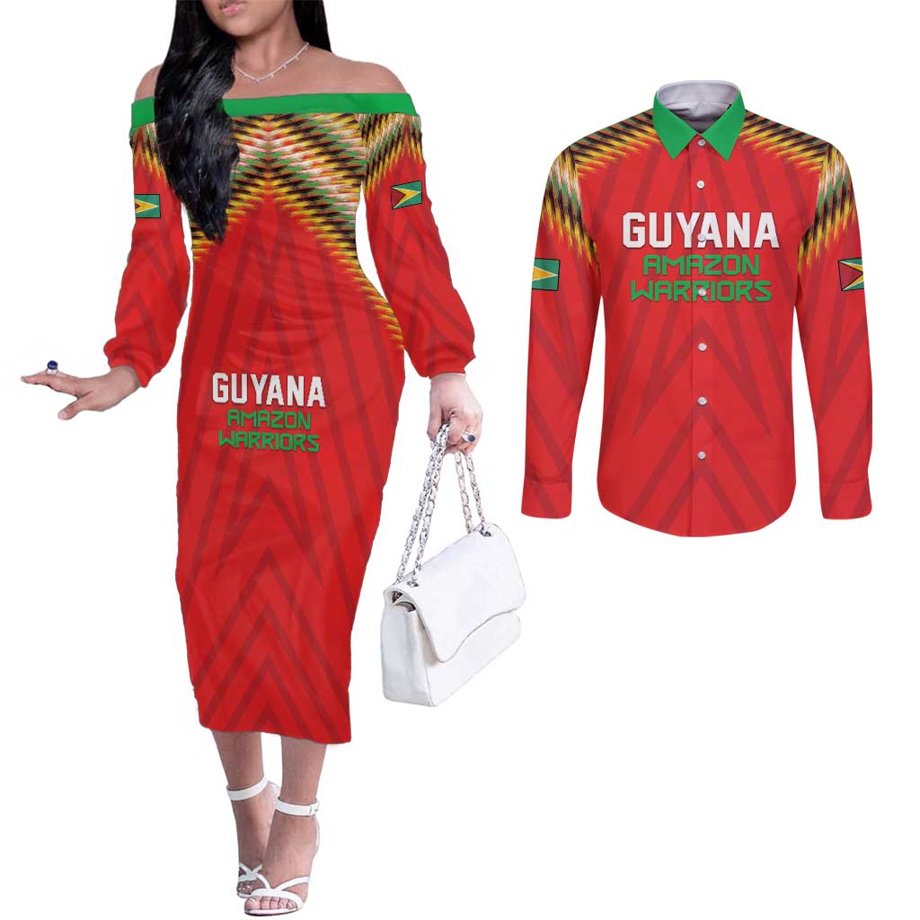 Custom Guyana Cricket Couples Matching Off The Shoulder Long Sleeve Dress and Long Sleeve Button Shirt Go Amazon Warriors