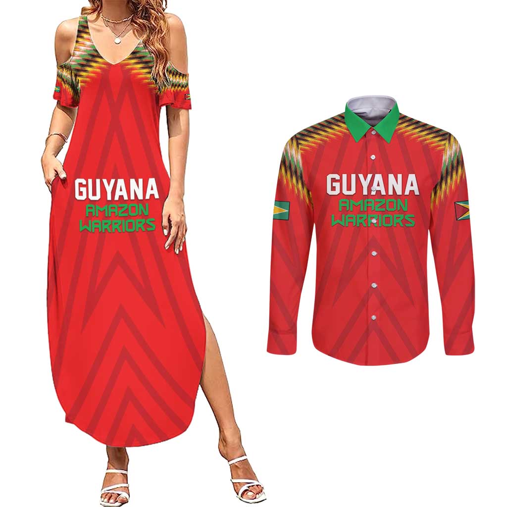 Custom Guyana Cricket Couples Matching Summer Maxi Dress and Long Sleeve Button Shirt Go Amazon Warriors