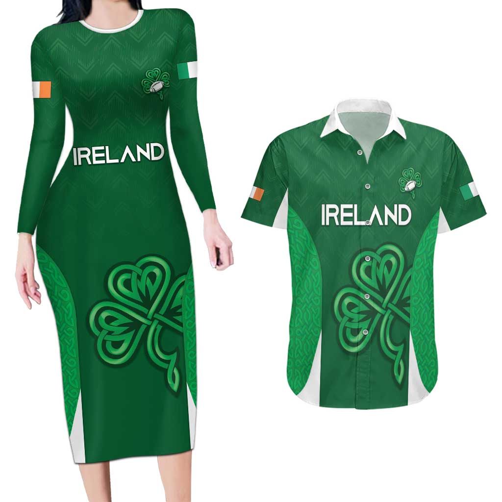 Custom Ireland Rugby Couples Matching Long Sleeve Bodycon Dress and Hawaiian Shirt Irish Celtic Shamrock