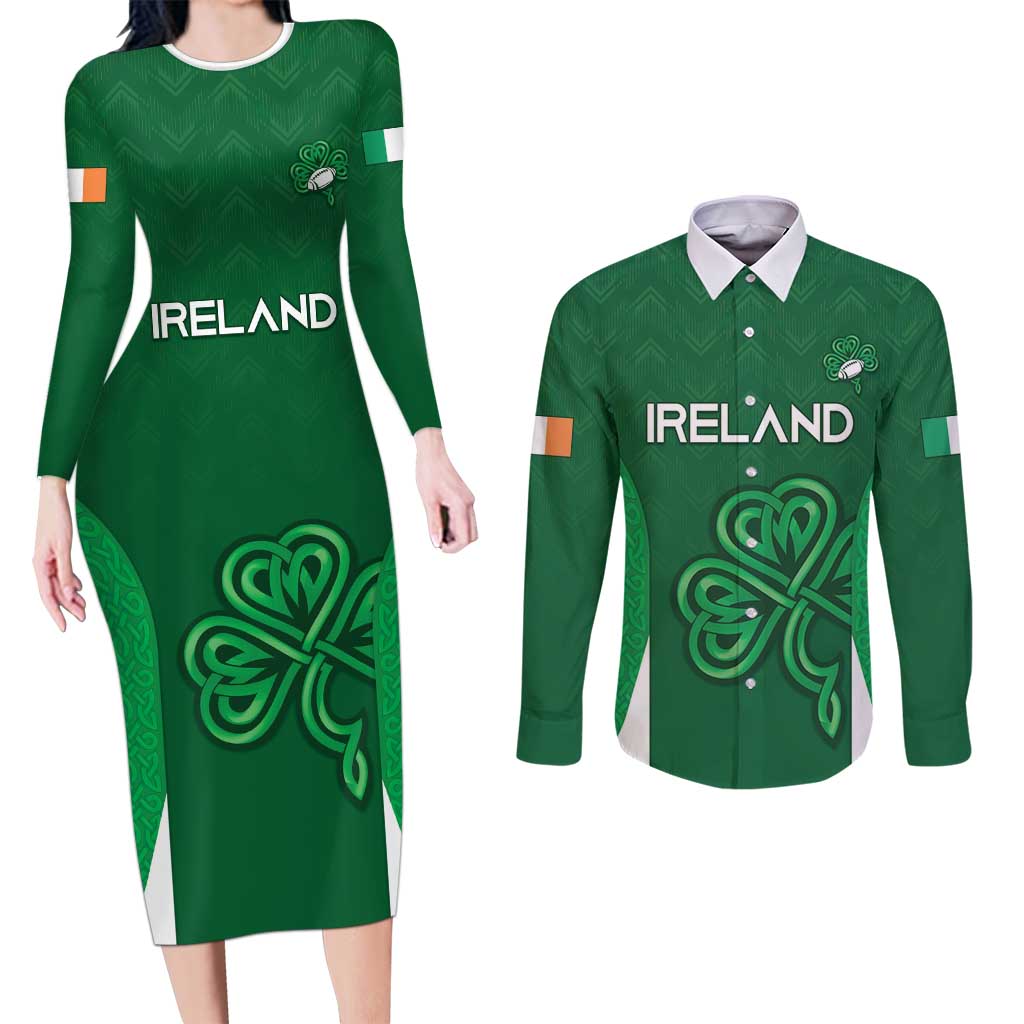 Custom Ireland Rugby Couples Matching Long Sleeve Bodycon Dress and Long Sleeve Button Shirt Irish Celtic Shamrock