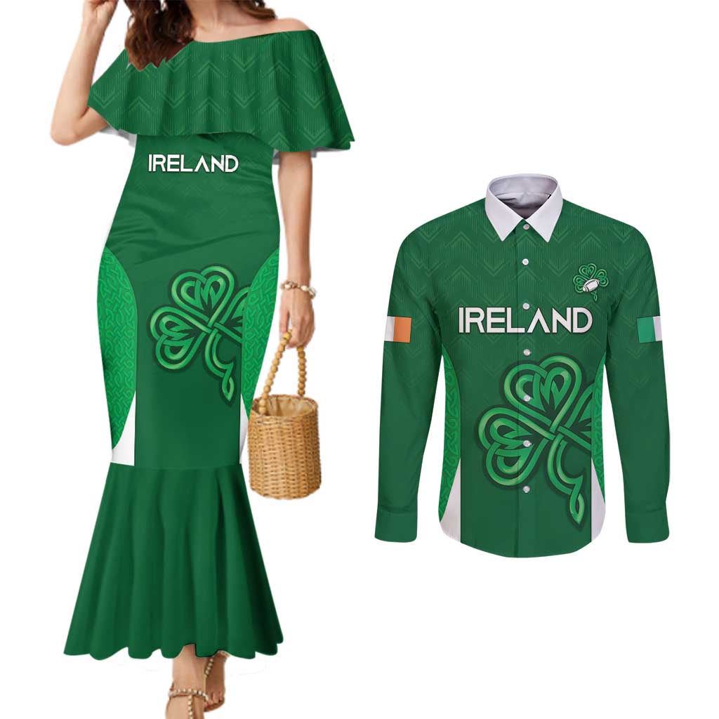 Custom Ireland Rugby Couples Matching Mermaid Dress and Long Sleeve Button Shirt Irish Celtic Shamrock